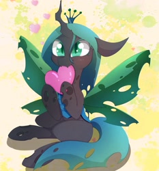 Size: 3823x4096 | Tagged: safe, artist:zokkili, queen chrysalis, changeling, changeling queen, g4, abstract background, biting, blushing, cute, cutealis, female, floppy ears, heart, nom, sitting, solo, spread wings, weapons-grade cute, wings