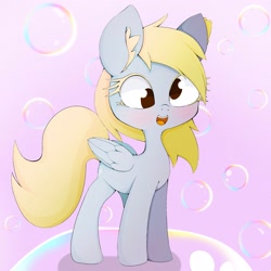 Size: 2048x2048 | Tagged: safe, artist:zokkili, derpy hooves, pegasus, pony, g4, bubble, female, high res, open mouth, open smile, pink background, simple background, smiling, solo