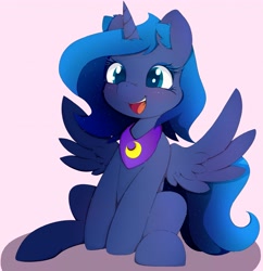 Size: 3959x4096 | Tagged: safe, artist:zokkili, princess luna, alicorn, pony, g4, female, filly, foal, pink background, simple background, solo, woona, younger