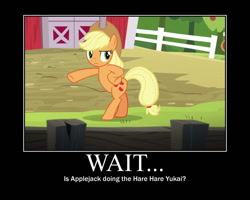 Size: 750x600 | Tagged: safe, artist:crossoverprincess, edit, edited screencap, screencap, applejack, earth pony, pony, applejack's "day" off, g4, my little pony: friendship is magic, season 6, apple, apple tree, applejack's hat, barn, bipedal, cowboy hat, female, fence, hat, looking back, mare, melancholy of haruhi suzumiya, motivational poster, solo, sweet apple acres, tree