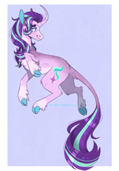 Size: 1015x1466 | Tagged: safe, artist:wanderingpegasus, starlight glimmer, classical unicorn, pony, unicorn, g4, alternate hairstyle, blue background, chest fluff, cloven hooves, cute, februpony, female, glimmerbetes, horn, leonine tail, mare, markings, redesign, simple background, solo, unshorn fetlocks