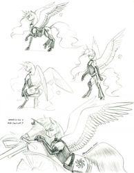 Size: 1100x1420 | Tagged: safe, artist:baron engel, princess celestia, alicorn, pony, g4, butt, chaps, clothes, female, grayscale, implied lesbian, implied shipping, implied twilestia, jacket, leather, leather jacket, mare, monochrome, motorcycle, pencil drawing, plot, simple background, traditional art, white background