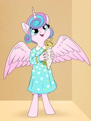 Size: 3000x4000 | Tagged: safe, artist:incendiarymoth, princess flurry heart, whammy, alicorn, anthro, unguligrade anthro, g4, clothes, cute, dress, februpony, female, filly, filly flurry heart, flurrybetes, nightgown, older, older flurry heart, open mouth, open smile, plushie, smiling, solo, spread wings, wings