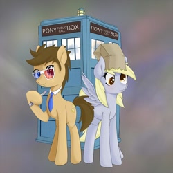 Size: 900x900 | Tagged: safe, alternate version, artist:zokkili, doctor whooves, time turner, earth pony, pegasus, pony, g4, 3d glasses, doctor who, duo, jewelry, necklace, necktie, paper bag, ponified, sonic screwdriver, tardis, tenth doctor, the doctor