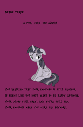 Size: 2187x3328 | Tagged: safe, artist:sollace, artist:wardex101, edit, twilight sparkle, alicorn, pony, g4, depressed, discorded, discorded twilight, female, floppy ears, high res, lonely, looking back, mare, sad, sitting, solo, text, twilight sparkle (alicorn), twilight tragedy