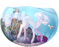 Size: 1024x820 | Tagged: safe, artist:xfrosting, oc, oc only, earth pony, fish, pony, aquarium, bubble, commission, coral, crepuscular rays, female, flower, jewelry, mare, necklace, ocean, open mouth, pink eyes, seaweed, signature, simple background, smiling, solo, sunlight, transparent background, underwater, water, ych result