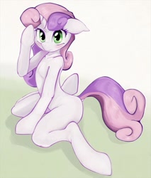 Size: 765x900 | Tagged: safe, alternate version, artist:zokkili, sweetie belle, unicorn, semi-anthro, g4, arm hooves, bipedal, blushing, looking at you, solo