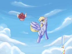 Size: 1600x1200 | Tagged: safe, artist:zokkili, derpy hooves, pegasus, pony, g4, cloud, flying, food, muffin, rainbow, sky, solo