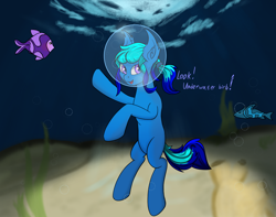 Size: 1280x1011 | Tagged: safe, artist:drakejackson13, oc, oc only, earth pony, fish, pony, blue mane, bubble, bubble helmet, crepuscular rays, dialogue, flowing tail, looking at you, male, ocean, open mouth, purple eyes, seaweed, smiling, solo, stallion, sunlight, tail, underwater, water