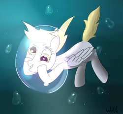 Size: 1294x1200 | Tagged: safe, artist:wolkiewicz, derpy hooves, pegasus, pony, blue background, bubble, crepuscular rays, female, folded wings, glowing, mare, ocean, simple background, smiling, solo, sunlight, underwater, water, wings, yellow eyes, yellow mane