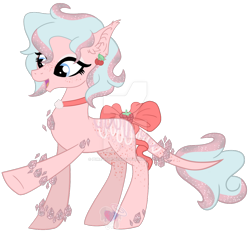 Size: 1280x1199 | Tagged: safe, artist:pure-blue-heart, oc, original species, adoptable, bow, cherry, choker, closed species, crysvalonia, ear piercing, earring, freckles, fruit, gemstone pony, gemstones, jewelry, piercing, pink, simple background, tail bow, transparent background