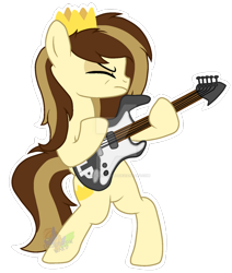 Size: 1024x1209 | Tagged: safe, artist:pure-blue-heart, oc, oc only, oc:prince whateverer, pegasus, pony, bipedal, brown mane, crown, deviantart watermark, electric guitar, eyes closed, frown, guitar, hoof hold, hooves, male, musical instrument, obtrusive watermark, outline, pegasus oc, princewhateverer, rock (music), rockstar, signature, simple background, solo, stallion, tail, transparent background, two toned mane, two toned tail, watermark, white outline