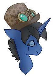 Size: 755x1089 | Tagged: safe, artist:pure-blue-heart, oc, oc:digital wrench, pony, unicorn, black mane, bust, commission, commissioner:bastlerrj, goggles, hat, male, portrait, simple background, solo, stallion, steampunk, transparent background