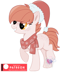 Size: 875x1026 | Tagged: safe, artist:pure-blue-heart, oc, oc:brushed light, earth pony, pony, body freckles, christmas, clothes, female, freckles, hat, holiday, mare, patreon, patreon logo, patreon reward, santa hat, scarf, simple background, snow, snowflake, solo, transparent background