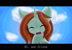 Size: 4096x2867 | Tagged: safe, artist:zemlya, crackle cosette, queen chrysalis, pony, unicorn, g4, bust, disguised changeling, english, eyes closed, open mouth, open smile, smiling, solo, subtitles