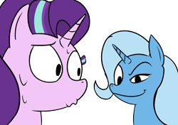 Size: 2048x1444 | Tagged: safe, artist:suryfromheaven, starlight glimmer, trixie, pony, unicorn, g4, duo, duo female, female, mare, meme, simple background, smiling, smirk, sweat, transparent background