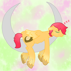 Size: 714x718 | Tagged: safe, artist:pure-blue-heart, oc, oc only, oc:apple cake, pegasus, pony, commission, crescent moon, male, moon, onomatopoeia, red mane, sleeping, sleeping on moon, solo, sound effects, stallion, tangible heavenly object, transparent moon, ych result, zzz