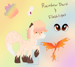 Size: 2301x2043 | Tagged: safe, artist:pure-blue-heart, oc, oc only, oc:flashlight, oc:rainbow dart, original species, phoenix, brown eyes, closed species, eyes closed, foxy pony, freckles, high res, rainbow