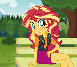 Size: 8000x6984 | Tagged: safe, artist:n0kkun, sunset shimmer, equestria girls, g4, my little pony equestria girls: better together, belt, bench, blushing, clothes, cute, cutie mark on clothes, female, geode of empathy, grin, jacket, jewelry, leather jacket, looking at you, magical geodes, necklace, shimmerbetes, shirt, skirt, smiling, smiling at you, solo, t-shirt, tree