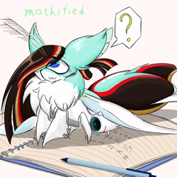 Size: 4096x4096 | Tagged: safe, artist:zemlya, oc, oc only, hybrid, insect, moth, mothpony, original species, plane pony, book, japanese, jet engine, mitsubishi, mothified, neck fluff, one eyed, pen, plane, question mark, simple background, solo, species swap, white background