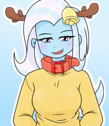 Size: 640x740 | Tagged: safe, artist:batipin, trixie, equestria girls, g4, animal costume, antlers, bell, clothes, collar, costume, female, open mouth, reindeer costume, solo