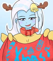 Size: 640x740 | Tagged: safe, artist:batipin, trixie, equestria girls, g4, animal costume, antlers, bell, clothes, collar, costume, female, open mouth, reindeer costume, solo