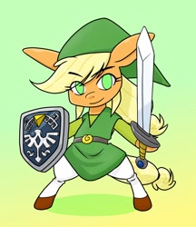 Size: 640x740 | Tagged: safe, artist:batipin, applejack, semi-anthro, g4, arm hooves, clothes, cosplay, costume, elf hat, hat, link, link's hat, link's tunic, shield, solo, sword, the legend of zelda, toon link, weapon