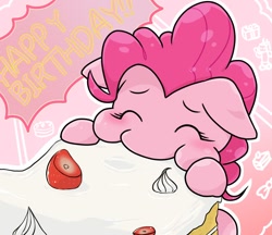 Size: 740x640 | Tagged: safe, artist:batipin, pinkie pie, earth pony, pony, g4, cake, eating, eyes closed, floppy ears, food, happy birthday, solo, strawberry, whipped cream