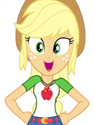 Size: 1094x1440 | Tagged: safe, edit, edited screencap, screencap, applejack, diy with applejack, equestria girls, g4, my little pony equestria girls: better together, applejack's hat, background removed, belt, clothes, collar, cowboy hat, denim skirt, female, freckles, geode of super strength, hand on hip, hat, jewelry, magical geodes, necklace, open mouth, open smile, ponytail, shirt, simple background, skirt, smiling, solo, t-shirt, teenager, transparent background, vector