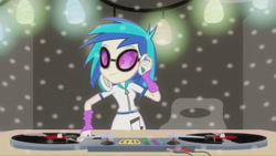 Size: 3410x1920 | Tagged: safe, screencap, dj pon-3, vinyl scratch, equestria girls, g4, my little pony equestria girls: rainbow rocks, shake your tail, disc jockey, female, headphones, high res, smiling, solo, sunglasses