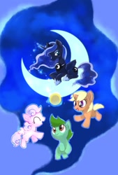 Size: 1181x1748 | Tagged: safe, artist:asaoto_1g2g, princess luna, alicorn, earth pony, pegasus, pony, unicorn, g4, crescent moon, female, filly, foal, happy, moon