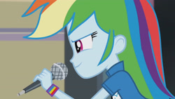 Size: 3410x1920 | Tagged: safe, screencap, rainbow dash, equestria girls, g4, my little pony equestria girls: friendship games, chs rally song, clothes, cutie mark on clothes, female, high res, microphone, smiling, solo