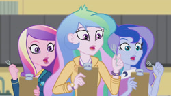 Size: 3410x1920 | Tagged: safe, screencap, dean cadance, princess cadance, princess celestia, princess luna, principal celestia, vice principal luna, human, acadeca, equestria girls, g4, my little pony equestria girls: friendship games, clipboard, female, fork, high res, open mouth, siblings, sisters, trio, trio female