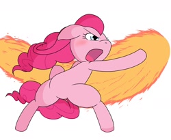 Size: 1410x1159 | Tagged: safe, artist:batipin, pinkie pie, earth pony, pony, g4, action pose, bipedal, fire, open mouth, punch, solo