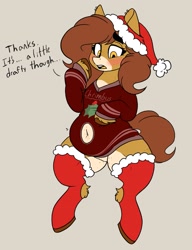 Size: 1573x2048 | Tagged: safe, artist:somefrigginnerd, oc, oc only, oc:pencil test, earth pony, pony, belly button, christmas, christmas sweater, clothes, female, freckles, hat, holiday, navel cutout, santa hat, solo, sweater