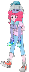 Size: 920x2224 | Tagged: safe, alternate version, artist:batipin, limestone pie, pinkie pie, equestria girls, g4, cap, carrying, clothes, converse, cute, duo, equestria girls-ified, eyes closed, female, hair over one eye, hat, piggyback ride, shoes, siblings, simple background, sisters, sleeping, sneakers, transparent background