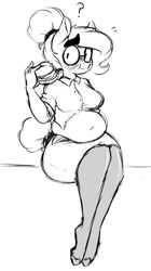 Size: 690x1233 | Tagged: safe, alternate version, artist:somefrigginnerd, oc, oc only, oc:pencil test, earth pony, anthro, unguligrade anthro, burger, clothes, fat, female, food, freckles, glasses, monochrome, pantyhose, skirt, solo