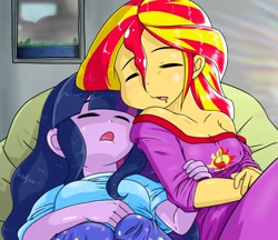 Size: 1480x1280 | Tagged: safe, alternate version, artist:batipin, sci-twi, sunset shimmer, twilight sparkle, equestria girls, g4, breasts, cleavage, clothes, cute, drool, duo, female, lesbian, ship:sci-twishimmer, ship:sunsetsparkle, shipping, sleeping