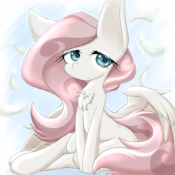 Size: 4096x4096 | Tagged: safe, artist:zemlya, fluttershy, pegasus, pony, g4, chest fluff, feather, looking at you, smiling, smiling at you, solo