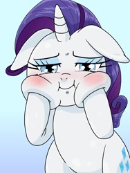 Size: 1536x2048 | Tagged: safe, alternate version, artist:batipin, rarity, pony, unicorn, g4, bipedal, blushing, cheek squish, crying, cute, female, floppy ears, gradient background, looking at you, mare, raribetes, rarity is a marshmallow, simple background, solo, squishy cheeks