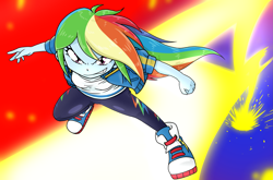 Size: 2467x1626 | Tagged: safe, alternate version, artist:batipin, rainbow dash, equestria girls, g4, abstract background, clothes, converse, female, jacket, leggings, shirt, shoes, sneakers, solo