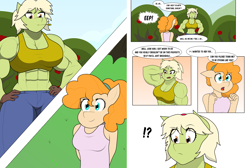 Size: 2948x1980 | Tagged: safe, artist:matchstickman, granny smith, pear butter, earth pony, anthro, comic:the other side, g4, abs, armpits, biceps, breasts, busty granny smith, clothes, comic, cute, deltoids, dialogue, duo, female, gloves, granny smash, jeans, lady pecs, mare, muscles, muscular female, pants, pearabetes, sleeveless, speech bubble, straw in mouth, sweet apple acres, teenager, young granny smith, young pear butter, younger