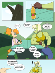 Size: 1495x1985 | Tagged: safe, artist:matchstickman, granny smith, pear butter, earth pony, anthro, comic:the other side, g4, abs, bench, biceps, bottle, breasts, busty granny smith, cider, clothes, comic, deltoids, dialogue, drink, duo, exclamation point, female, gloves, granny smash, mare, muscles, muscular female, pointing, shirt, sleeveless, sleeveless shirt, speech bubble, table, teenager, young granny smith, young pear butter, younger