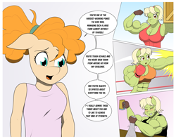 Size: 2847x2250 | Tagged: safe, artist:matchstickman, granny smith, pear butter, earth pony, anthro, comic:the other side, g4, abs, arm wrestling, armpits, biceps, boxing, breasts, busty granny smith, clothes, comic, deltoids, dialogue, drunk, female, granny smash, high res, looking at you, mare, muscles, muscular female, offscreen character, one eye closed, speech bubble, sports, teenager, wink, winking at you, young granny smith, young pear butter, younger