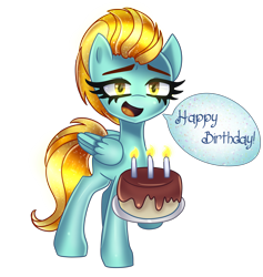 Size: 3600x3800 | Tagged: safe, artist:opal_radiance, lightning dust, pegasus, pony, g4, birthday, cake, candle, commission, fire, food, happy, happy birthday, high res, simple background, solo, speech bubble, the washouts, transparent background
