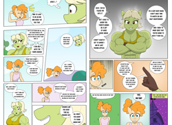 Size: 3574x2599 | Tagged: safe, artist:matchstickman, granny smith, pear butter, earth pony, anthro, comic:the other side, g4, abs, armpits, biceps, breasts, busty granny smith, clothes, comic, deltoids, dialogue, duo, female, gloves, granny smash, high res, mare, muscles, muscular female, shivering, speech bubble, sweat, sweatdrop, sweet apple acres, teenager, young granny smith, young pear butter, younger