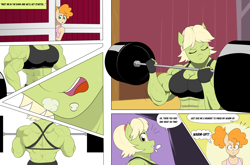 Size: 3931x2599 | Tagged: safe, artist:matchstickman, granny smith, pear butter, anthro, comic:the other side, g4, abs, back muscles, barbell, biceps, breasts, busty granny smith, clothes, comic, deltoids, dialogue, duo, female, granny smash, high res, mare, milf, muscles, muscular female, panting, speech bubble, sweet apple acres barn, teenager, weights, young granny smith, young pear butter, younger