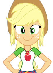 Size: 1337x1831 | Tagged: safe, edit, edited screencap, screencap, applejack, diy with applejack, equestria girls, g4, my little pony equestria girls: better together, applejack's hat, background removed, clothes, collar, cowboy hat, denim skirt, female, geode of super strength, hat, jewelry, magical geodes, necklace, ponytail, shirt, simple background, skirt, smiling, solo, t-shirt, teenager, transparent background, vector