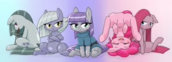 Size: 2048x748 | Tagged: safe, artist:batipin, part of a set, limestone pie, marble pie, maud pie, pinkie pie, earth pony, pony, g4, butt, clothes, dress, duality, headstand, mouth hold, one of these things is not like the others, open mouth, pickaxe, pie sisters, pinkamena diane pie, plot, siblings, sisters, upside down