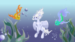 Size: 1280x720 | Tagged: safe, artist:elizabell42, oc, oc only, fish, pegasus, pony, blue background, bubble, crepuscular rays, feather, female, fins, fish tail, ocean, seaweed, simple background, smiling, solo, sunlight, swimming, tail, underwater, water, wings